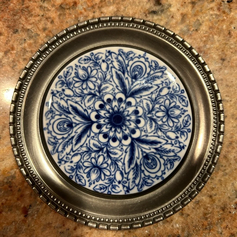 Handcast Pewter&Tile Coasters 4” Blue Porcelain Inlay. Set of 2 Made in Holland
